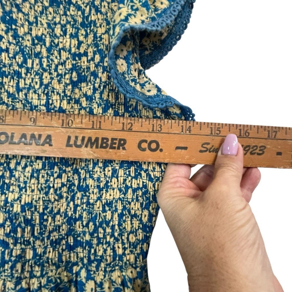 Lost + Wander Blossom Bloom Teal Gold Ditzy Floral Smocked Bodice Dress SZ XS - Picture 6 of 16